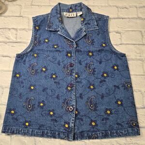 Keren Hart Vest Lightweight Denim Metallic Gold Embroidery Floral size Large
